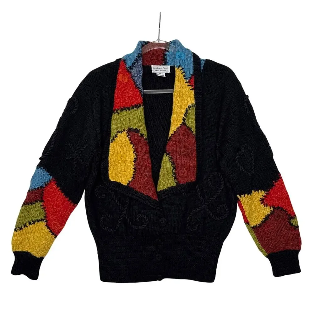 1990s Roberta Frost Hand Knit Wool Cardigan Uruguay Oversized Small